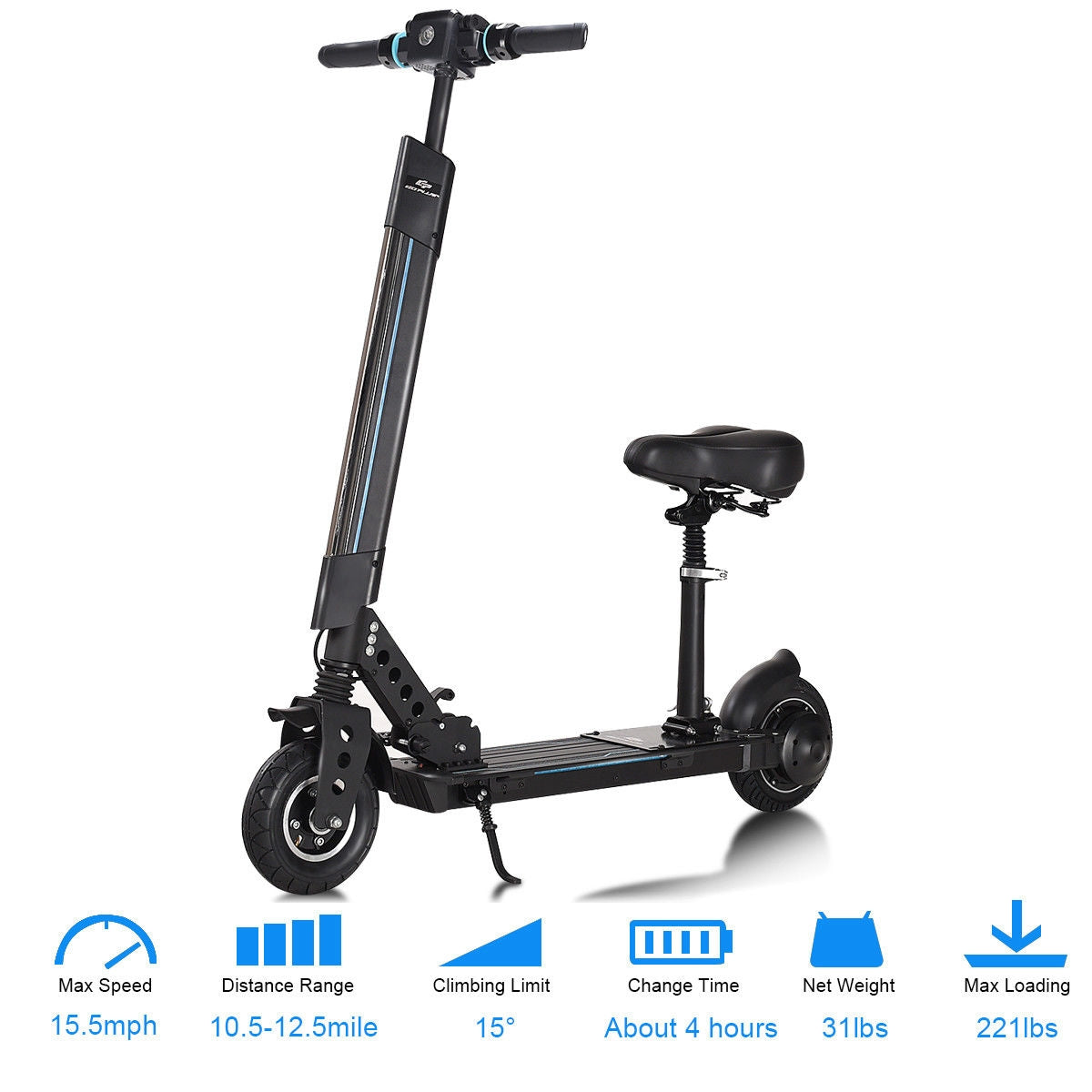 Patín eléctrico plegable con asiento extraíble e iluminación LED