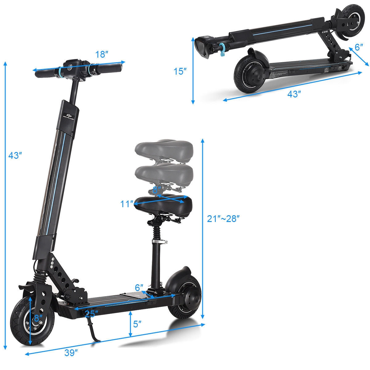 Patín eléctrico plegable con asiento extraíble e iluminación LED