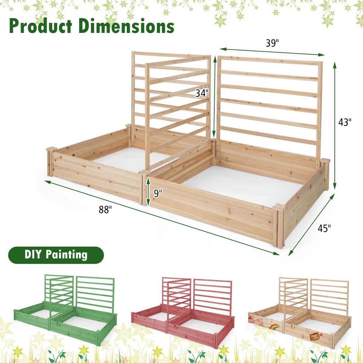 Cama de jardín elevada con 2 maceteros y 3 enrejados - Natural