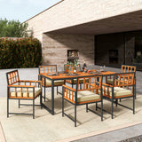 Juego de comedor de patio de madera de acacia de 7 piezas con cojines suaves y agujero para sombrilla - Natural