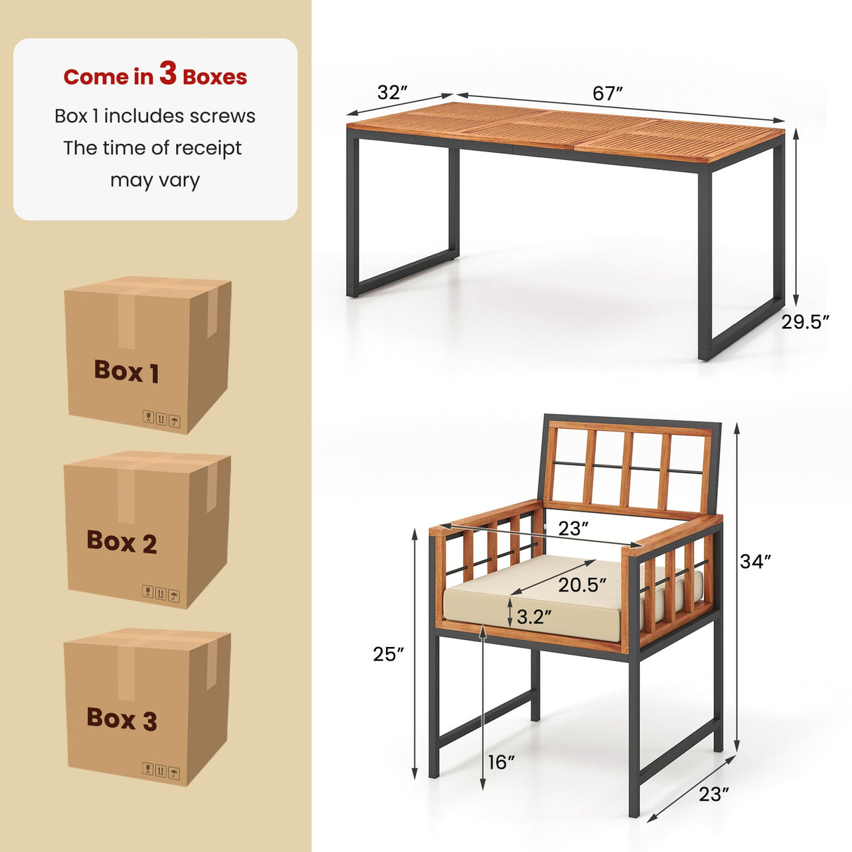 Juego de comedor de patio de madera de acacia de 7 piezas con cojines suaves y agujero para sombrilla - Natural