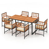 Juego de comedor de patio de madera de acacia de 7 piezas con cojines suaves y agujero para sombrilla - Natural