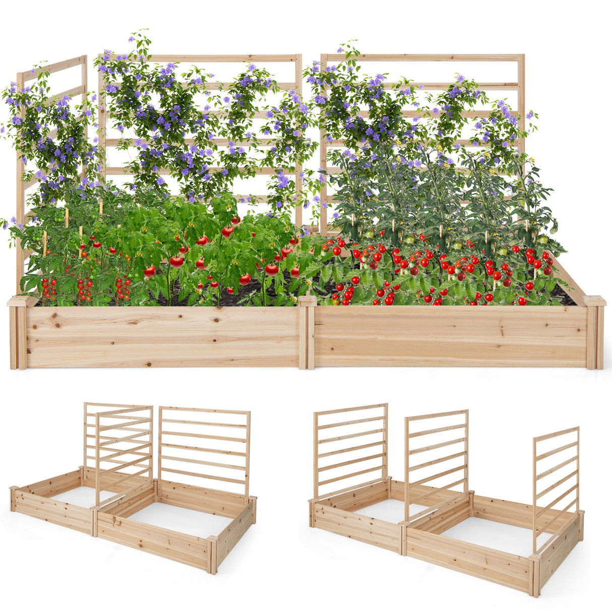 Cama de jardín elevada con 2 maceteros y 3 enrejados - Natural