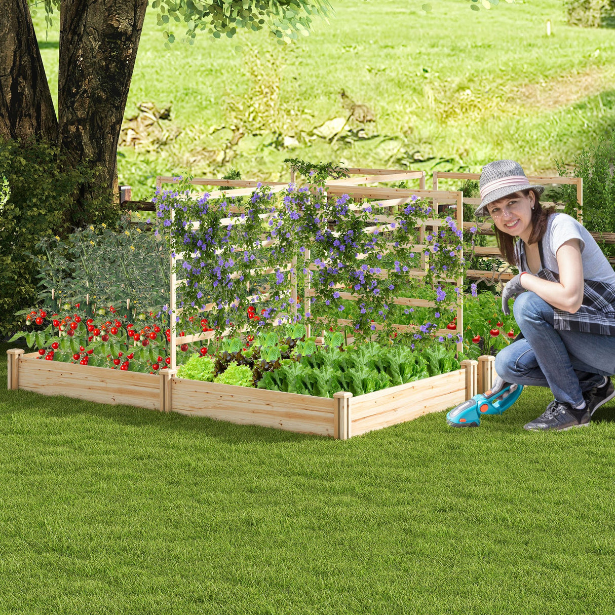 Cama de jardín elevada con 2 maceteros y 3 enrejados - Natural