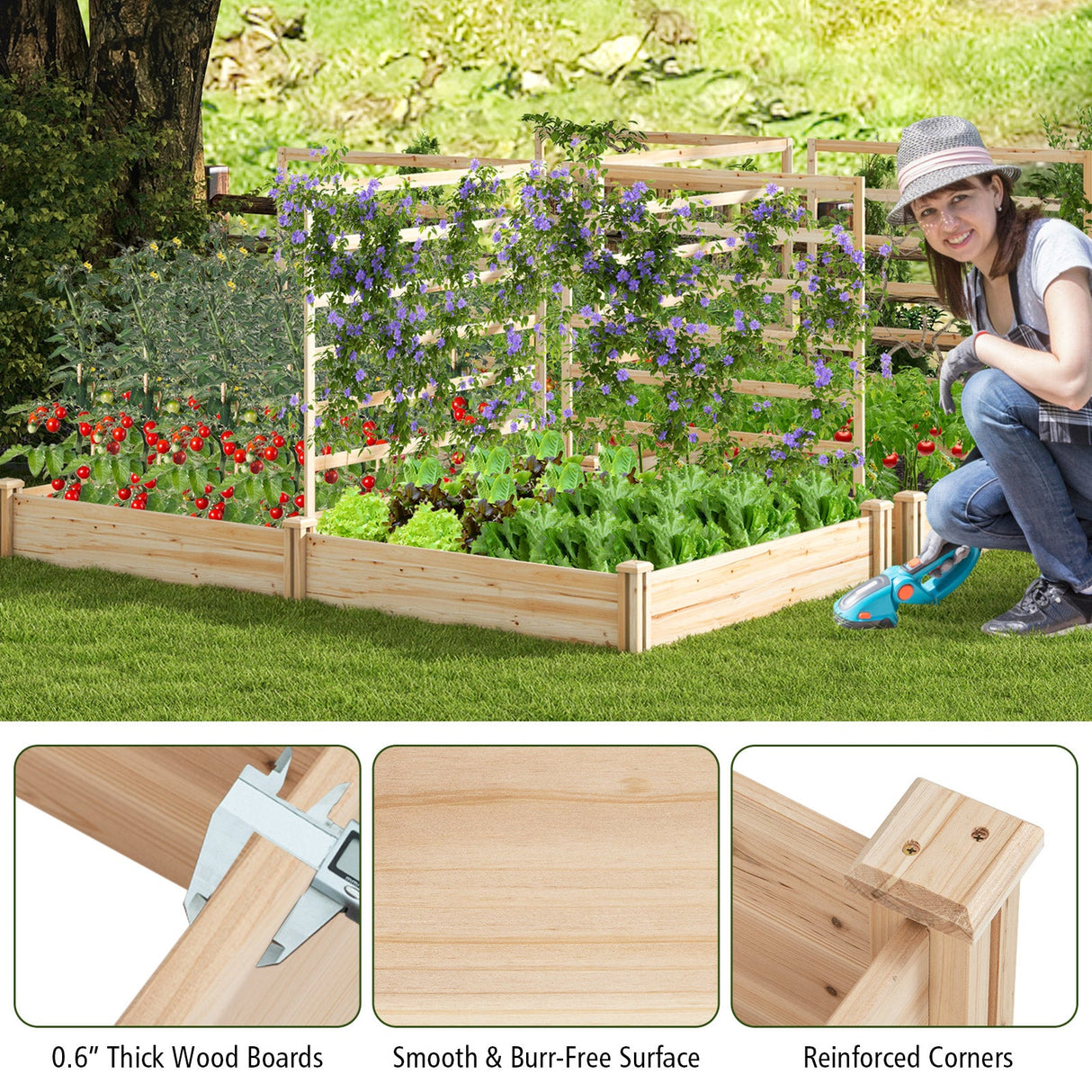 Cama de jardín elevada con 2 maceteros y 3 enrejados - Natural