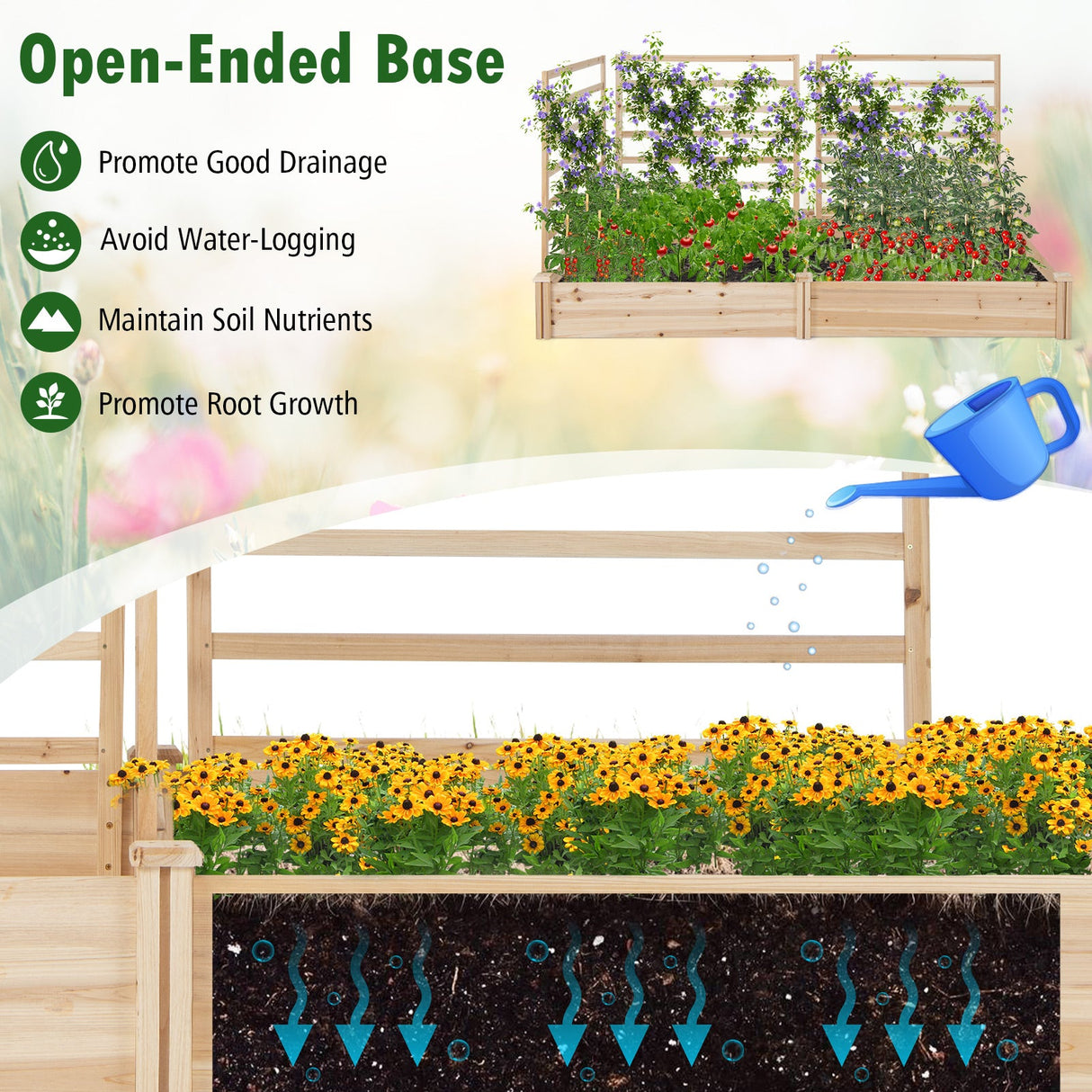 Cama de jardín elevada con 2 maceteros y 3 enrejados - Natural