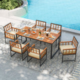 Juego de comedor de patio de madera de acacia de 7 piezas con cojines suaves y agujero para sombrilla - Natural