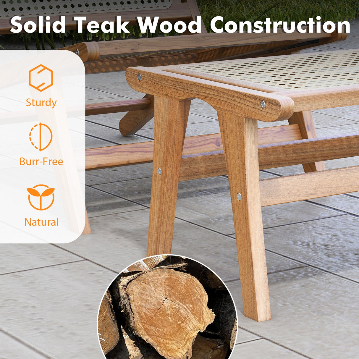 Reposapiés de madera de teca natural con ratán tejido a mano