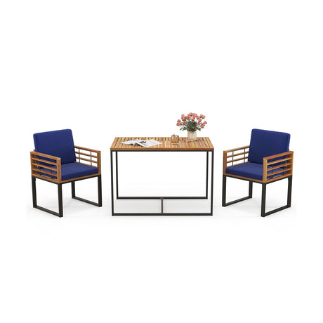 Juego de Comedor para Exterior de 3 Piezas con 2 Sillones de Madera de Acacia y Mesa de Comedor - Azul Marino