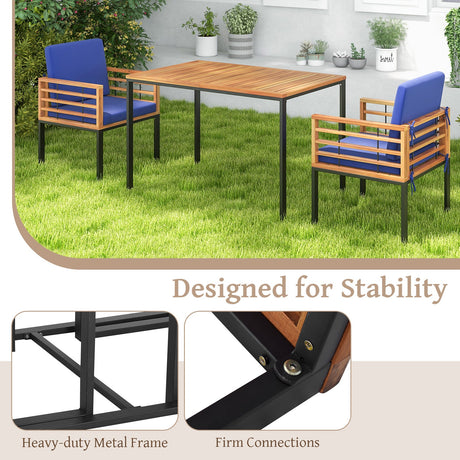 Juego de Comedor para Exterior de 3 Piezas con 2 Sillones de Madera de Acacia y Mesa de Comedor - Azul Marino