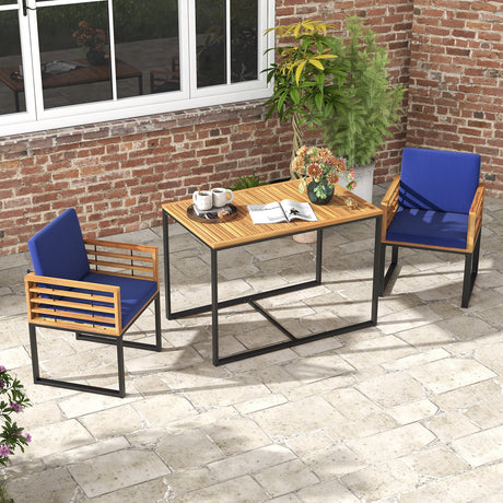 Juego de Comedor para Exterior de 3 Piezas con 2 Sillones de Madera de Acacia y Mesa de Comedor - Azul Marino