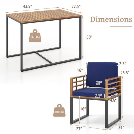 Juego de Comedor para Exterior de 3 Piezas con 2 Sillones de Madera de Acacia y Mesa de Comedor - Azul Marino