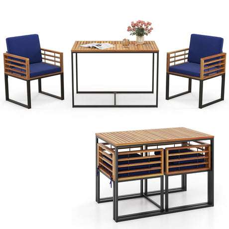 Juego de Comedor para Exterior de 3 Piezas con 2 Sillones de Madera de Acacia y Mesa de Comedor - Azul Marino