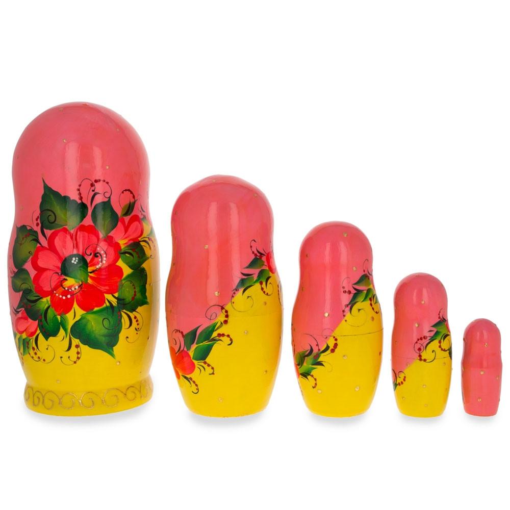 Set of 5 Pink Scarf and Yellow Dress Wooden Nesting Dolls 7 Inches