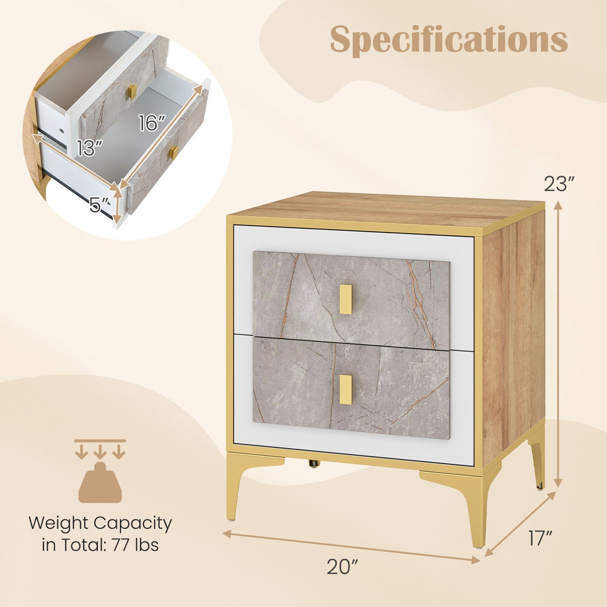 Mesa de Noche con 2 Cajones Extraíbles para Sala de Estar o Dormitorio