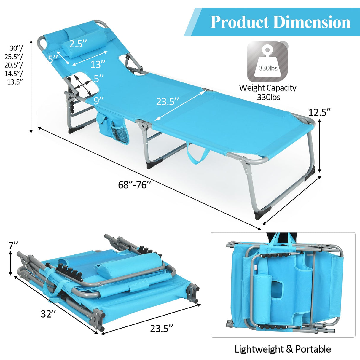Tumbona de playa plegable con almohada para exteriores - Turquesa