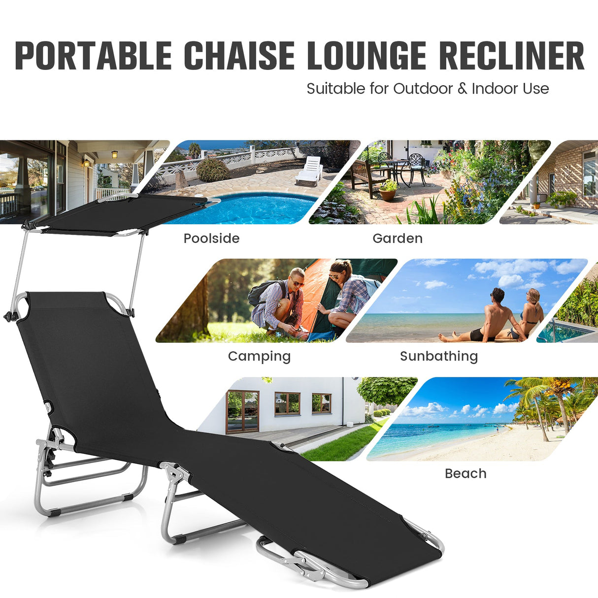 Tumbona reclinable ajustable para exteriores, playa, patio, piscina con parasol