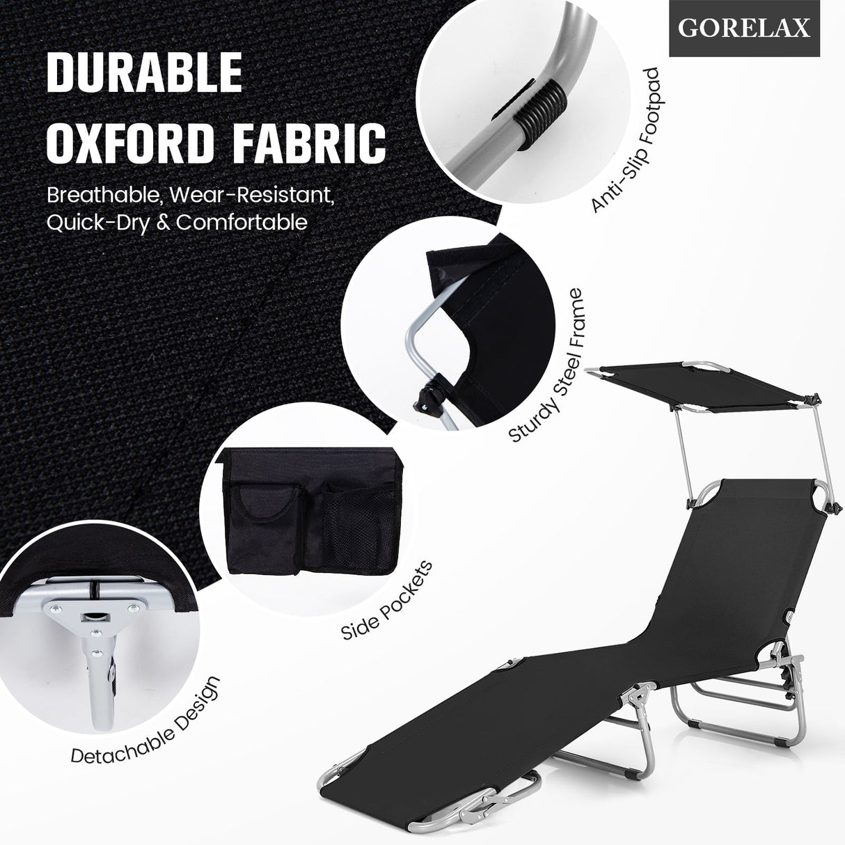 Tumbona reclinable ajustable para exteriores, playa, patio, piscina con parasol