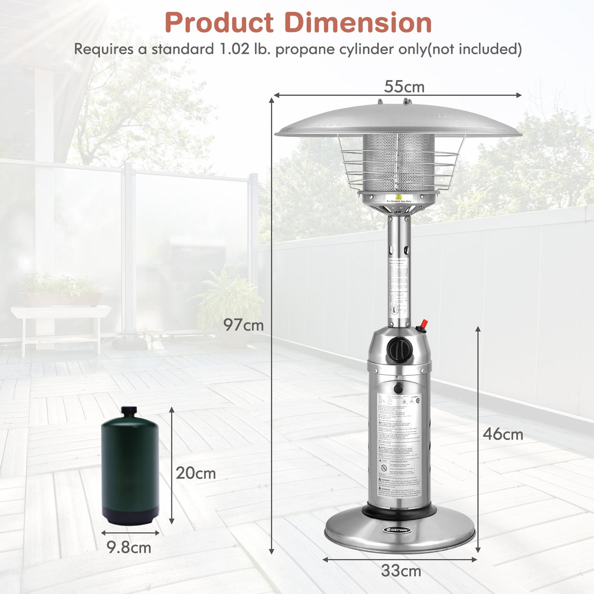Calefactor de patio de pie portátil de mesa de propano de 11 000 BTU