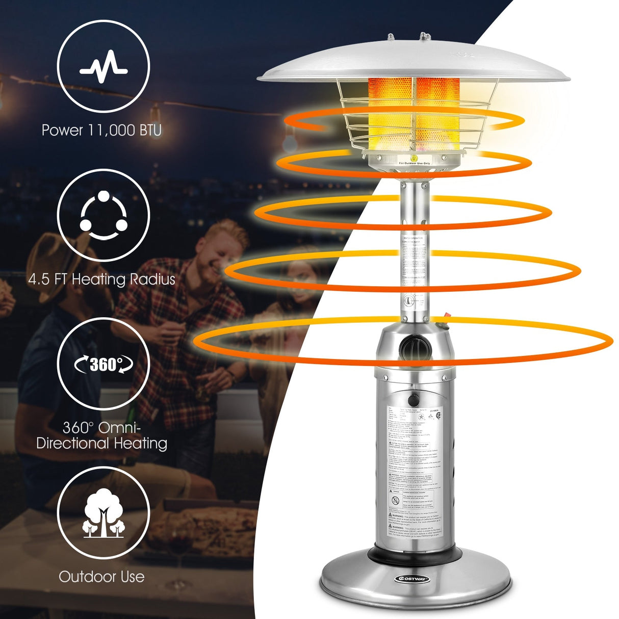 Calefactor de patio de pie portátil de mesa de propano de 11 000 BTU