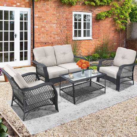 Juego de muebles de patio de mimbre de 4 piezas con sofá, mesa de centro y cojines - Beige