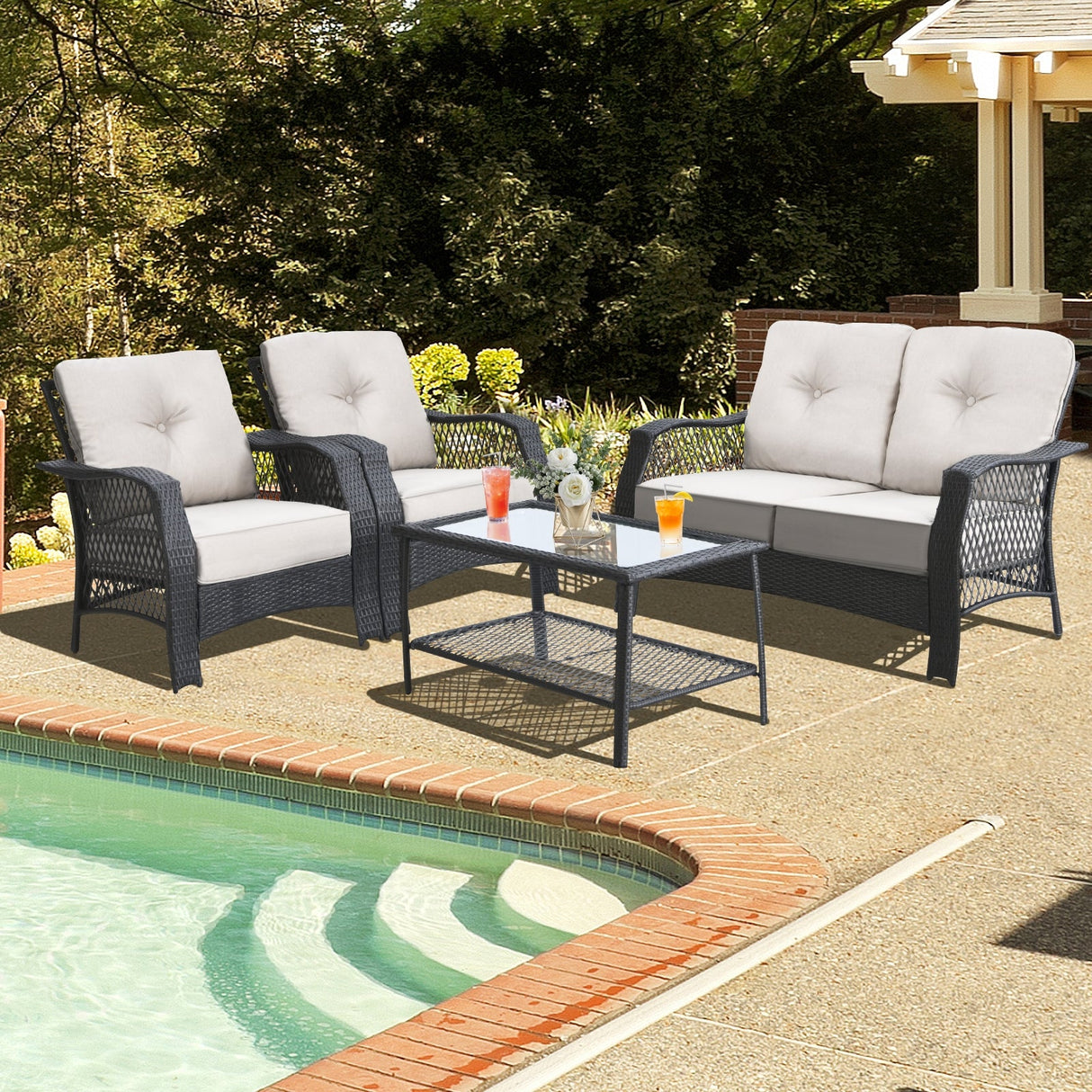 Juego de muebles de patio de mimbre de 4 piezas con sofá, mesa de centro y cojines - Beige