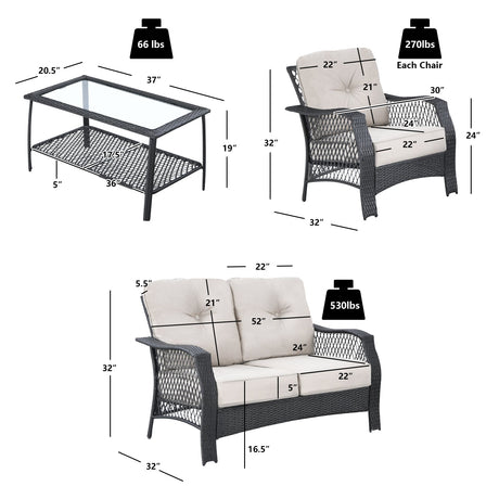 Juego de muebles de patio de mimbre de 4 piezas con sofá, mesa de centro y cojines - Beige