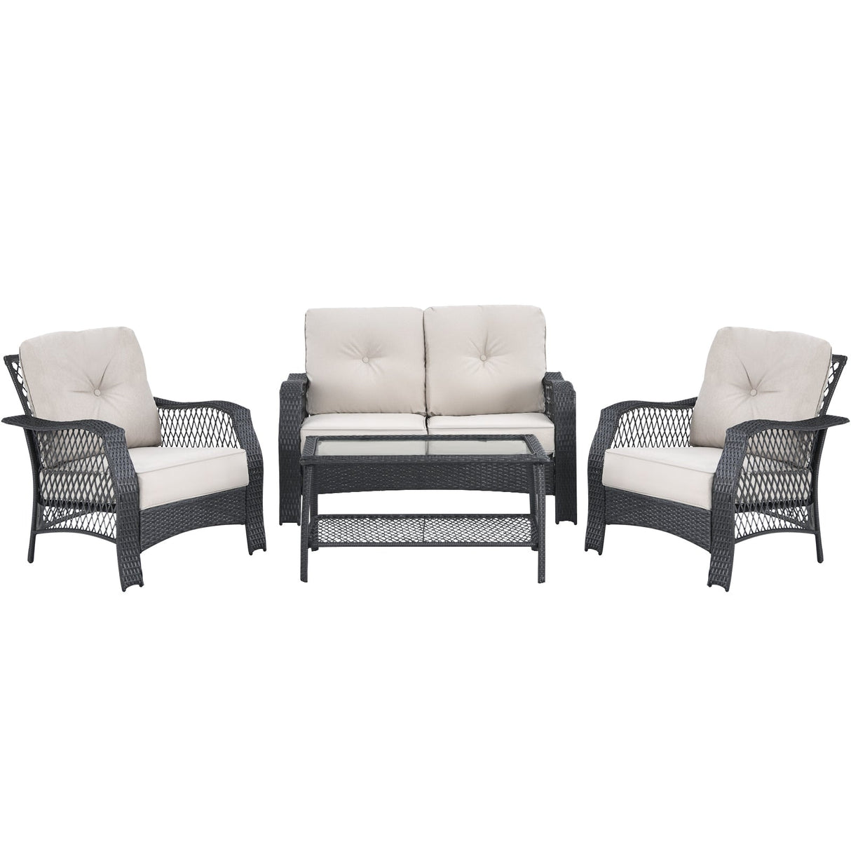 Juego de muebles de patio de mimbre de 4 piezas con sofá, mesa de centro y cojines - Beige