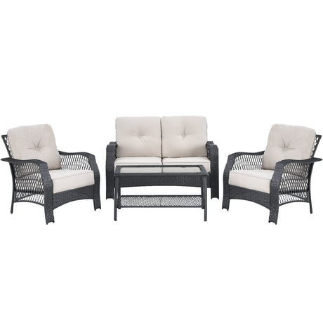 Juego de muebles de patio de mimbre de 4 piezas con sofá, mesa de centro y cojines - Beige