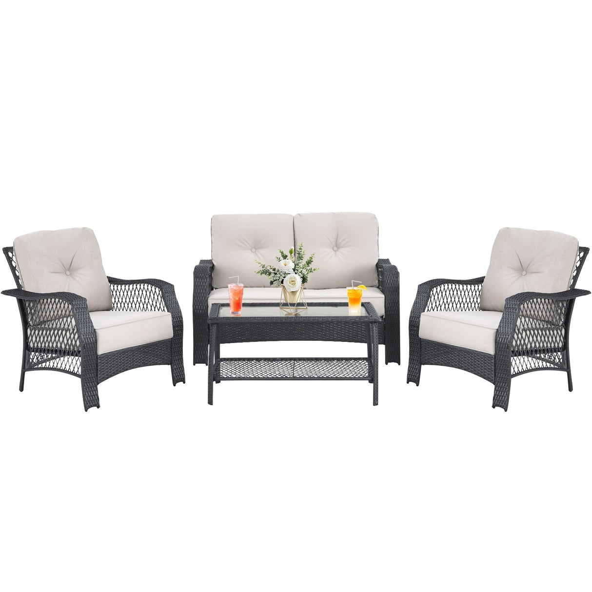 Juego de muebles de patio de mimbre de 4 piezas con sofá, mesa de centro y cojines - Beige