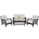 Juego de muebles de patio de mimbre de 4 piezas con sofá, mesa de centro y cojines - Beige