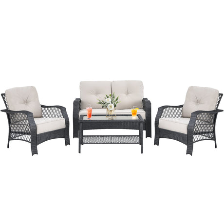 Juego de muebles de patio de mimbre de 4 piezas con sofá, mesa de centro y cojines - Beige