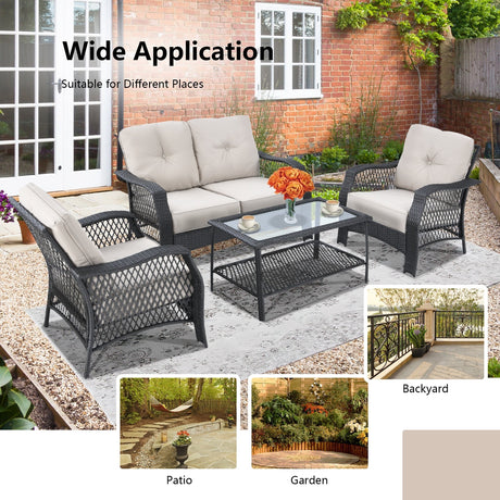 Juego de muebles de patio de mimbre de 4 piezas con sofá, mesa de centro y cojines - Beige