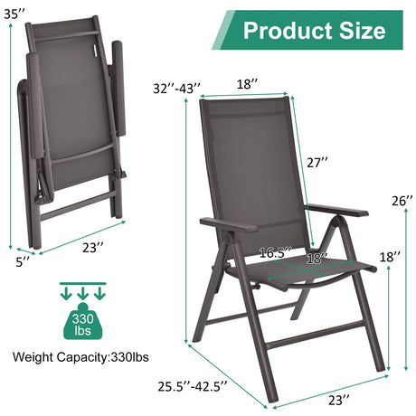 2 Sillas de Comedor Plegables para Patio de Aluminio con Respaldo Ajustable - Gris