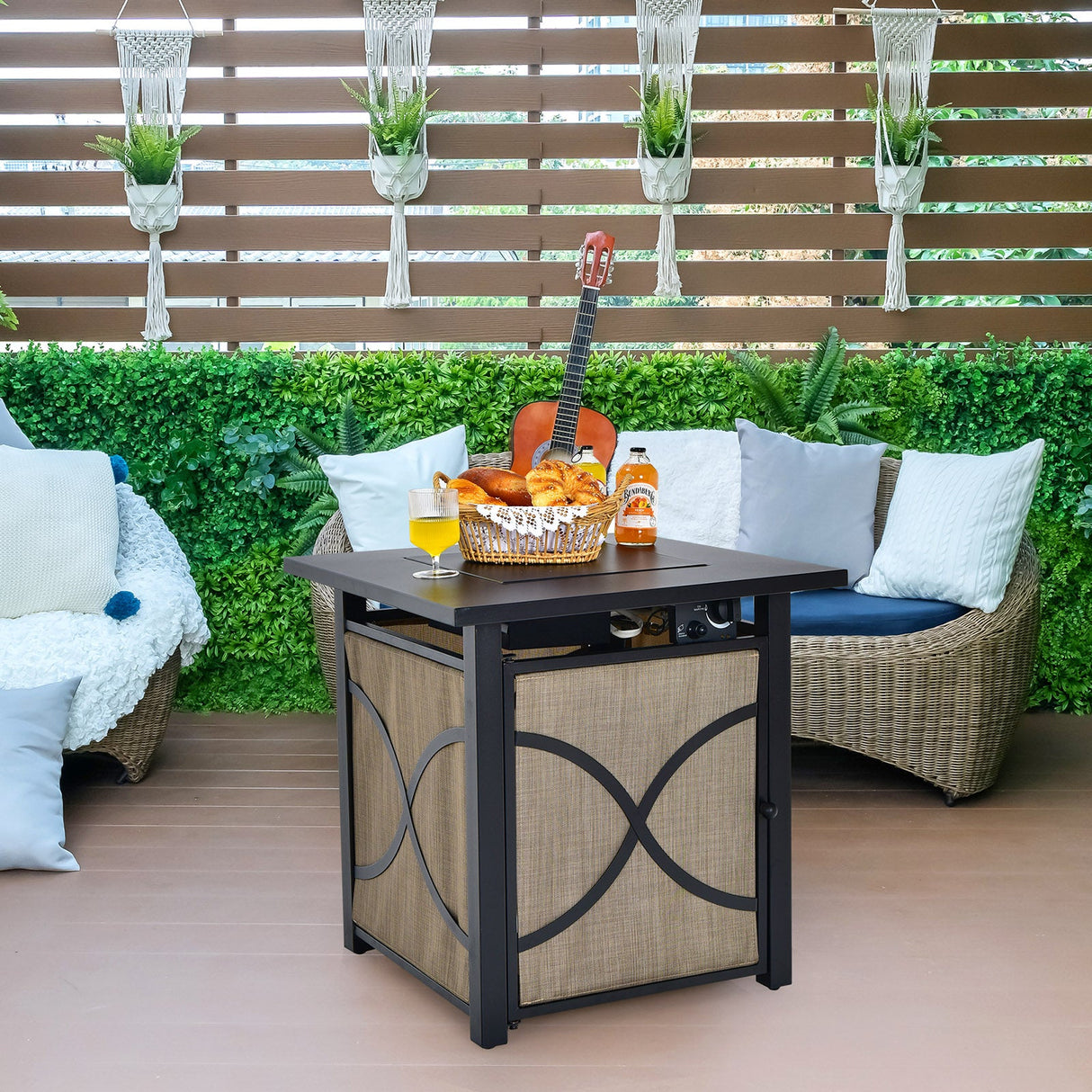 25 Inch 40000 BTU Propane Fire Pit Table with Lid and Fire Glass