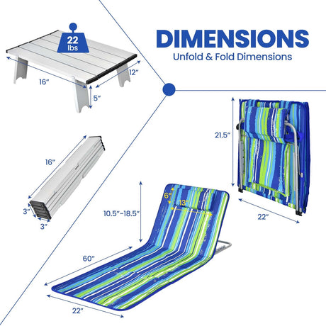 Set de 3 Piezas de Esterillas para Tumbonas de Playa, 2 Tumbonas Ajustables con Mesa a Rayas