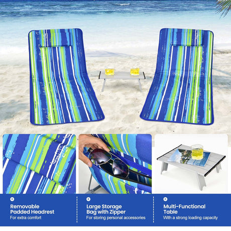 Set de 3 Piezas de Esterillas para Tumbonas de Playa, 2 Tumbonas Ajustables con Mesa a Rayas