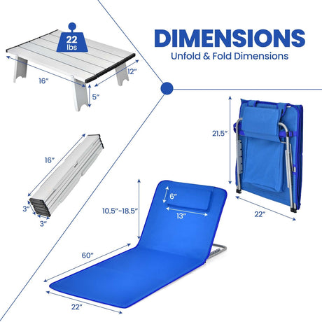 Set de 3 Piezas de Esterillas para Tumbonas de Playa, 2 Tumbonas Ajustables con Mesa a Rayas