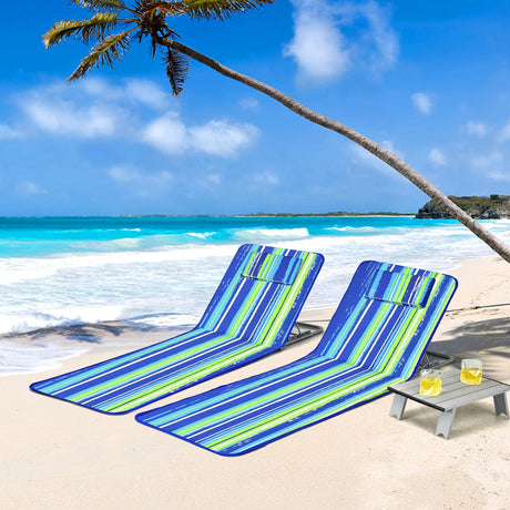 Set de 3 Piezas de Esterillas para Tumbonas de Playa, 2 Tumbonas Ajustables con Mesa a Rayas