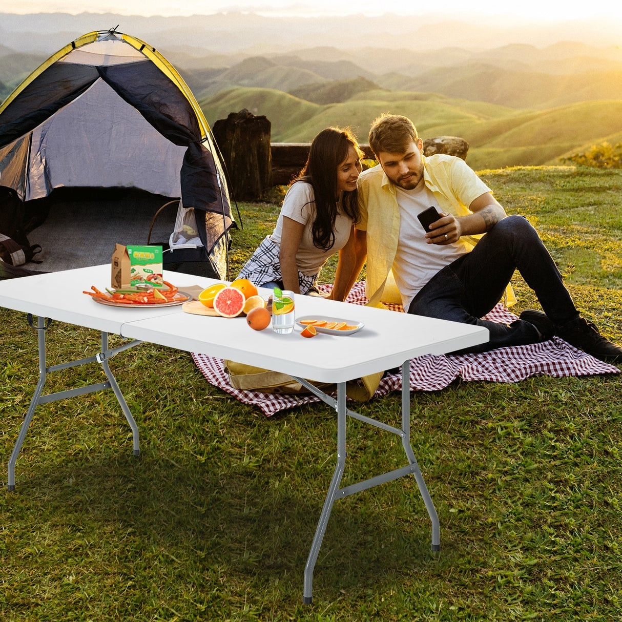 Mesa de camping plegable portátil con asa de transporte
