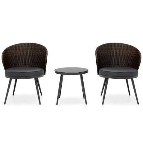 Juego de bistró de ratán para patio de 3 piezas con 2 cojines de asiento y mesa de centro de vidrio templado - Marrón