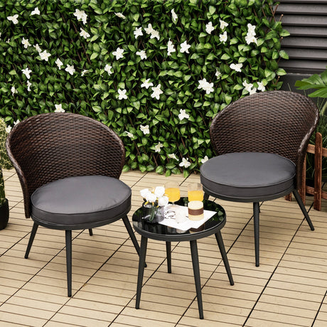 Juego de bistró de ratán para patio de 3 piezas con 2 cojines de asiento y mesa de centro de vidrio templado - Marrón