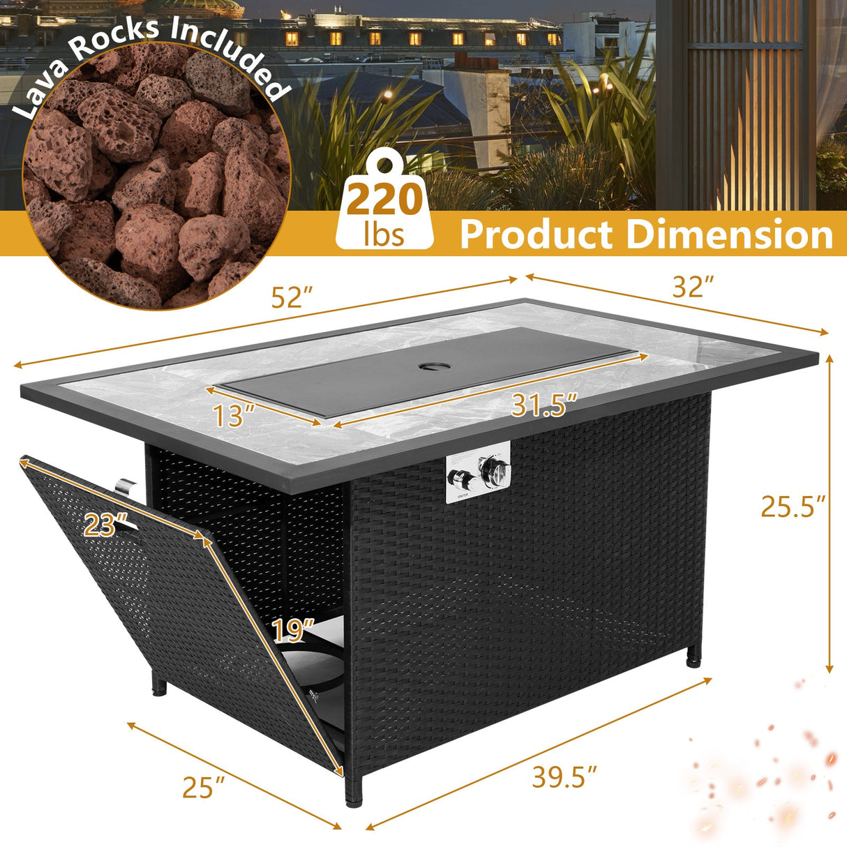 Mesa fogata de propano de mimbre de ratán de 52 pulgadas con cubierta de lluvia y roca de lava - Negra