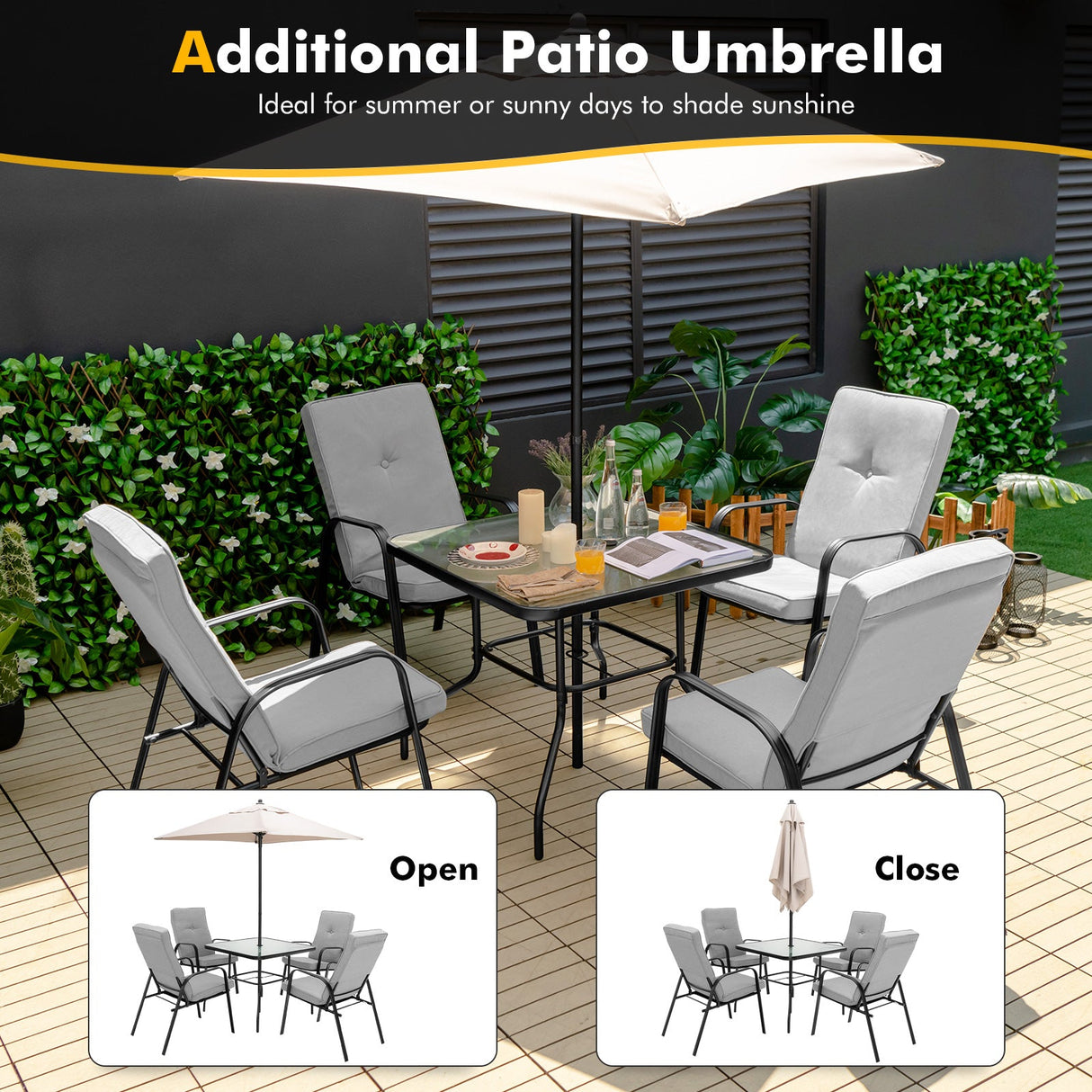 Juego de comedor de patio de 6 piezas con sombrilla y sillas apilables con cojines