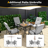 Juego de comedor de patio de 6 piezas con sombrilla y sillas apilables con cojines