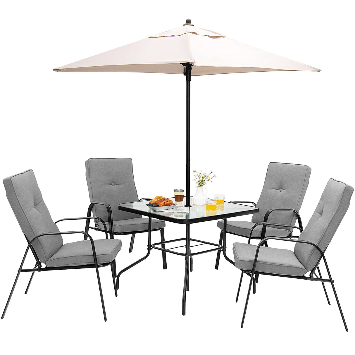 Juego de comedor de patio de 6 piezas con sombrilla y sillas apilables con cojines