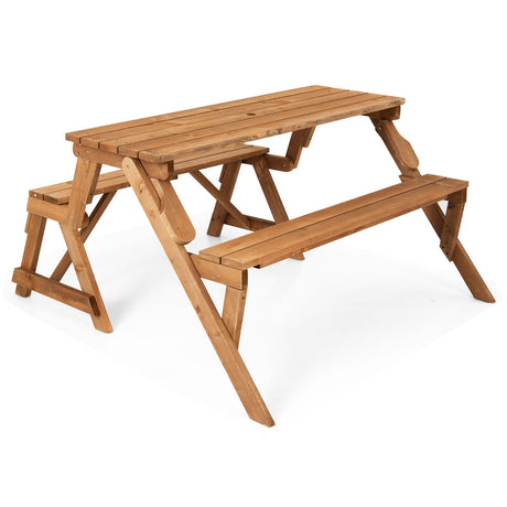 Mesa de picnic de madera transformable 2 en 1 intercambiable con orificio para sombrilla - Marrón oscuro