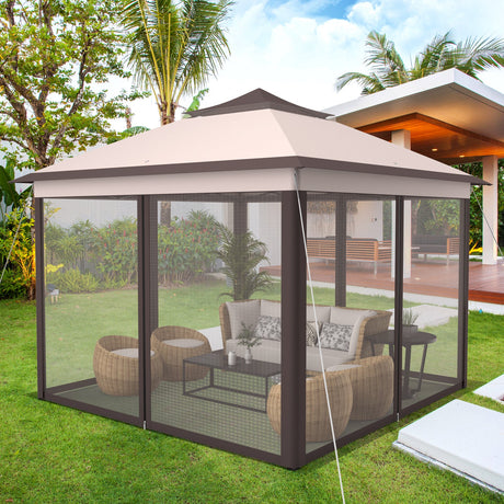 Carpa Cenador Plegable de 11 x 11 Pies con 2 Niveles, Toldo Portátil, Bolsa de Transporte, Malla