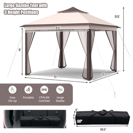 Carpa Cenador Plegable de 11 x 11 Pies con 2 Niveles, Toldo Portátil, Bolsa de Transporte, Malla