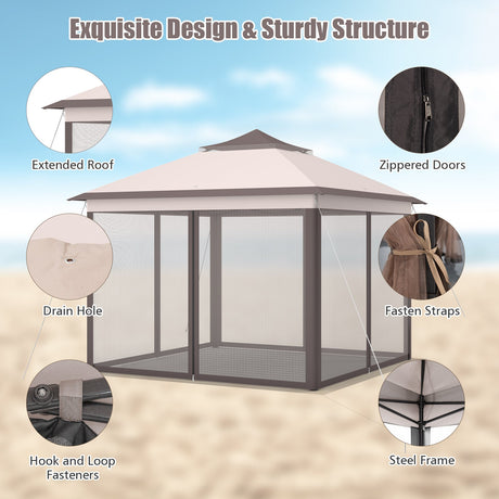 Carpa Cenador Plegable de 11 x 11 Pies con 2 Niveles, Toldo Portátil, Bolsa de Transporte, Malla